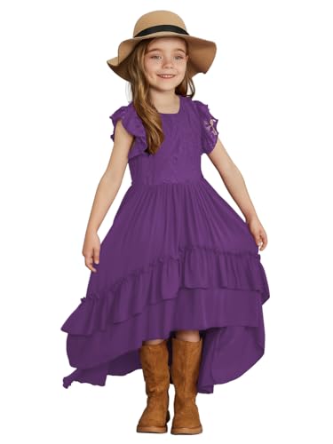 Summer Boho Lace Ruffle Sleeve High-Low Tiered Wedding Party Flower Girl Dress 2024 O-Neck Chiffon Dresses2