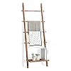 FUIN 5ft Wood Blanket Ladder with Bottom Shelf Decorative Wall Leaning Towel Rack Bathroom Storage Quilt Display Holder Rustic Farmhouse, Light Brown