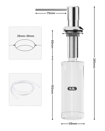 Poveta Seifenspender Küche Einbau, Spülmittelspender Küche für Spülbecken, Soap Dispenser mit 300ML Flasche und 1,2 m Schlauch, Seifenspender aus Kupfer, Edelstahlmuttern, Oben Befüllen, Chrom