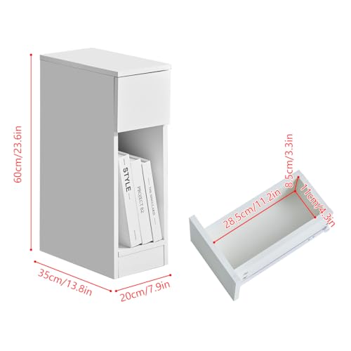 Sanery Slim Bedside Table Bedroom Nightstand with Open Shelf & Drawer, Narrow End Table Sofa Side Table for Living Room, Compact Wooden Lamp Table Telephone Table for Home Office, High Gloss White