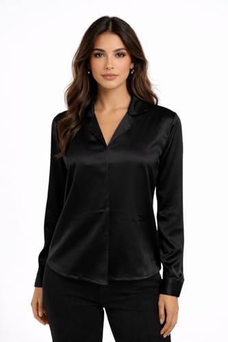 Image of Cuban Collar Cuffed Sleeves Formal Satin Shirt Style Top