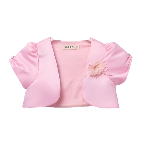 Proumhang Bolero Shrug Strickjacke für Mädchen Satin Kurzarm Top Strickjacke Prinzessin Outwear Schal Hochzeit Cape Kleiner Mantel Für Kinder Mädchen 3-10 Jahre Rosa 130