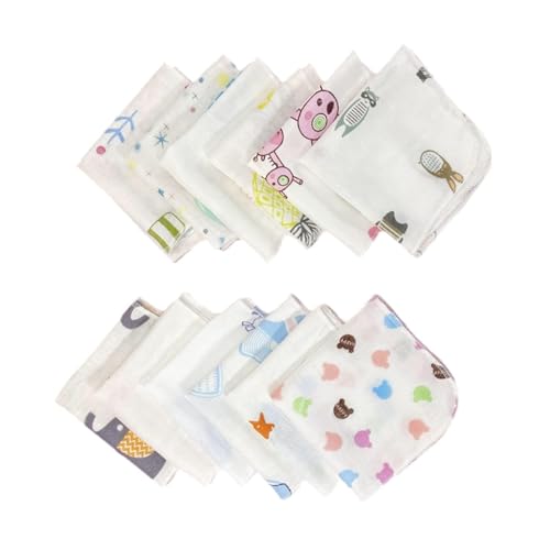 Qsvbeeqj 10Pcs 20x20cm Baby Washcloths Set Cute Cartoon Print Double Layer Gauze Infant Face Towel Reusable Absorbent Square Burp Cloths Handkerchief Baby Washcloths