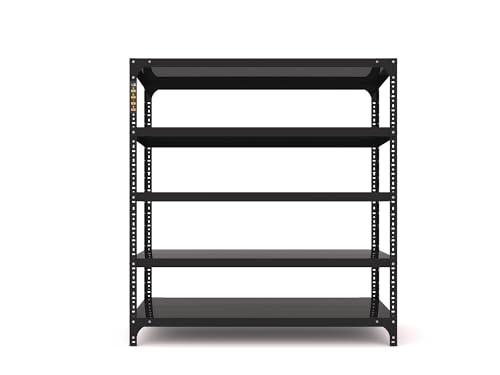 Image of Heavy Duty Slotted Angle Rack 5 Shelf | 9x35x36 Inch Metal Storage Rack | 24 Gauge Shelf 18 Gauge Angle | Adjustable Shelving Unit for Home Kitchen Garage Office Warehouse | Black Powder Coated