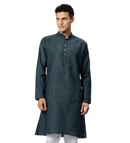 Image of Majestic Man Men's Cotton Regular Fit Traditional Mandarin Collar Ethnic Motifs Solid Long Kurta