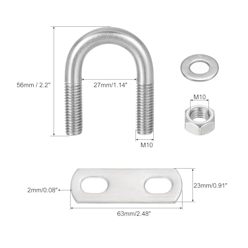 Image of uxcell Round U-Bolts, 8 Sets 27mm(1.06 inch) Inner Width 56mm Length M10 304 Stainless Steel U Clamp Bolt with Nuts and Plates, for Boat Trailer
