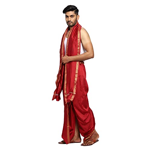 Image of Rameshwaram Fabrics Readymade Dhoti for Men, Velcro Style Stitched Mens Silk Dhoti Pant with Stole Set