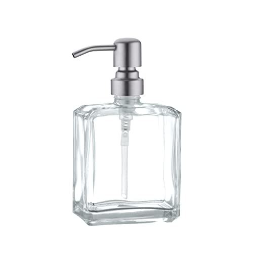 Image of Square Clear Glass Dish Soap Dispenser, Antique Design Refillable Hand Soap Dispenser with Rust Proof Stainless Steel Pump, 13.5 oz Lotion Dispenser for Bathroom Vanity, Kitchen Countertop