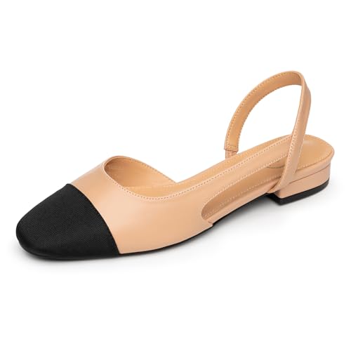 Image of Trary Slingback Flats for Women, Black Dressy Comfortable Round Square Toe Shoes, Work Office Casual Ankle Strap Dress Flats