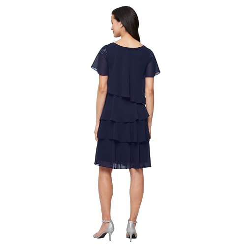 Image of S.L. Fashions Women's V-Neck Chiffon Cocktail Dress with Beaded Shoulders and Asymmetrical Tiers (Petite and Regular Sizes)