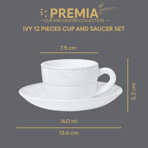 Image of Larah by BOROSIL 140ml Opalware Ivy Tea /Coffee 6pc Cup & 6pc Saucer Set, Microwave & Dishwasher Safe Embossed Design Crockery Set Ideal for Daily Use & Gifting