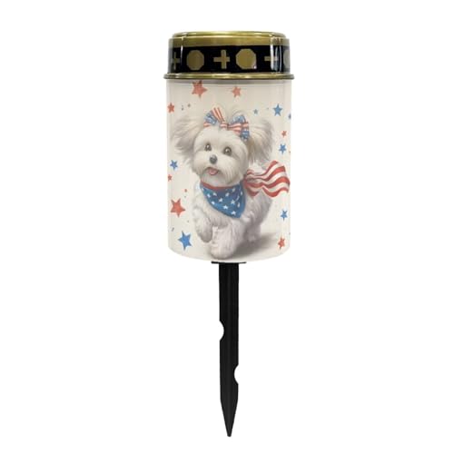Image of Poceacles Maltese Dog American Flag Star Solar Powered Outdoor Lights 4th of July Cemetery Solar Memorial Lights Outdoor Waterproof Landscape Candles for USA 250th Anniversary Decor