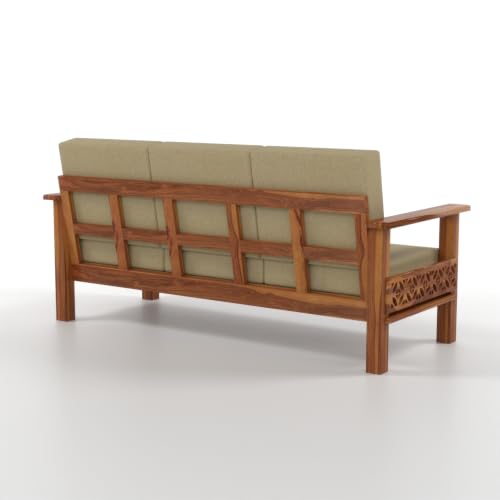 Image of Solid Sheesham Wood 3 Seater Sofa | Premium Wooden Sofa with Upholstered Cushions | Handmade Carved Couch for Living Room, Bedroom & Office