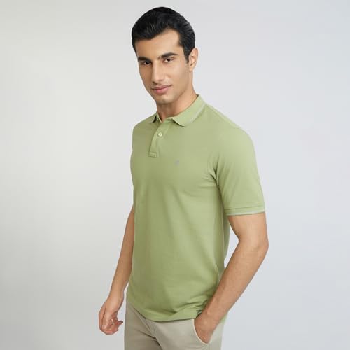 Image of Raymond Men's Modern Fit Solid Pattern Pure Cotton Polo Neck Half Sleeve Casual T-Shirt
