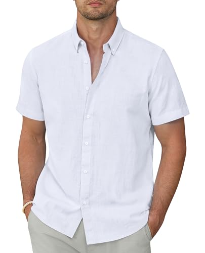 Lion Nardo Camisas de linho masculinas de manga curta com botões de linho camisa havaiana para homens camisas de praia camisas de verão, Todo branco, G