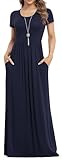 VIISHOW Women's Short Sleeve Loose Plain Maxi Dresses Casual Long Dresses with Pockets（Navy Blue, Medium）