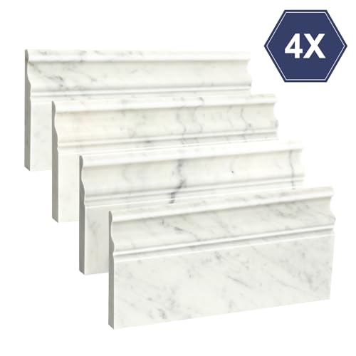 Retheno 4 Pack Carrara White Marble Baseboard Trim Molding 5 x12'' Polished Wall Base Moulding for Bathroom Wall and Kitchen Backsplas