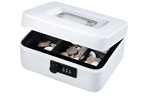 Image of KYODOLED Cash Box with Combination Lock,Safe Metal Box for Money,Storage Lock Box with Money Tray,7.87 inchx 6.30 inchx 3.54 inch White Medium