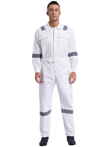 inhzoy Cotone Tuta da Lavoro Uomo Tuta Intera da Lavoro Multitasca Jumpsuit di Sicurezza Riflettente con Cerniera Tuta Meccanico Protettiva Jumpsuit Overall Workwear Bianco XL