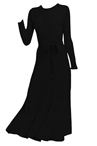 Image of Women's Long Knit Crewneck Sweater Dress Tie Waist A-Line Swing Pleated Bodycon
