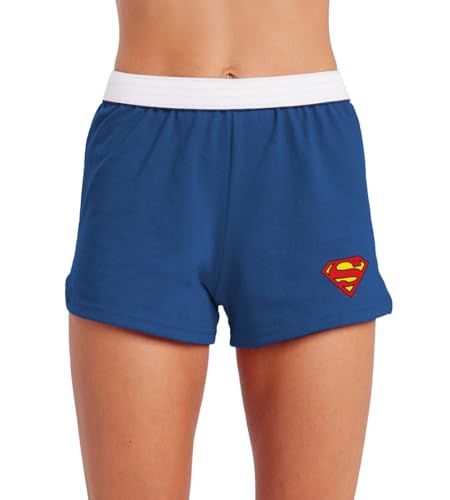 Popfunk Superman Classic S-Shield Logo Womens Soffe Short, Elastic Fold Over Waist Shorts, Junior Fit - Large - Royal