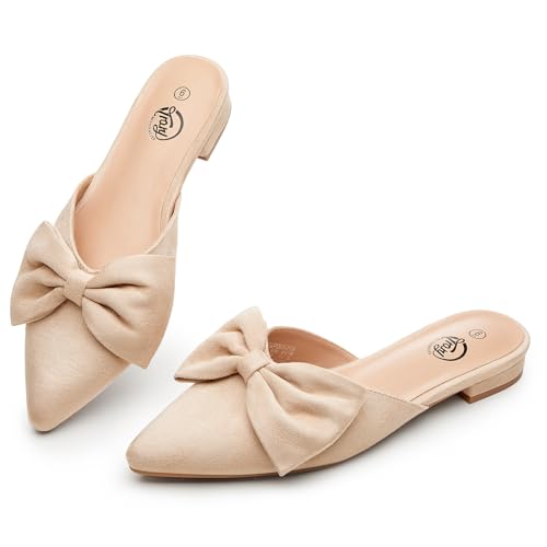 Trary Mules for Women Flats Comfortable Bow Pointed Toe Womens Mules Cream Size 11