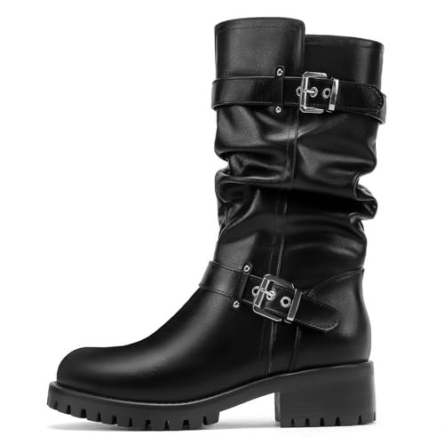 DOBOLIN Women Mid Calf Boots Motorcycle Biker Riding Wide Toe Box Wide Width Combat Low Chunky Heel Buckles Round Toe Dress Black Size 6.5