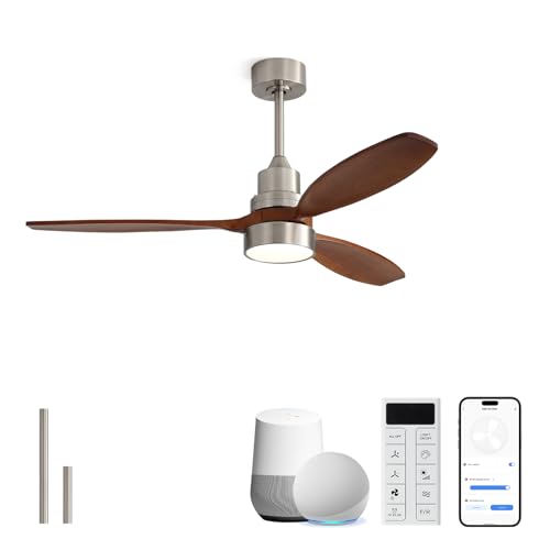 Image of Sofucor 52 Inch Solid Wood Smart Ceiling Fans with Lights and Remote, Works with App /Alexa /Google, 6-Speed Outdoor Ceiling Fan with Light, 3 Blade Ceiling Fan, Quiet DC Motor for Living Room Patio