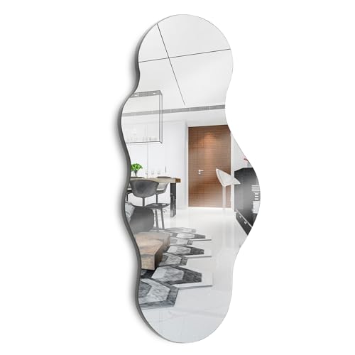 40″x20″ Asymmetrical Irregular Wall Mirror, Frameless Cloud Shape Decorative Mirror for Livingroom Bedroom Bathroom Entryway, Horizontally or Vertically Wall Mounted, White, FORIO