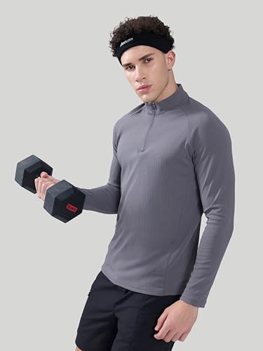 Image of TECHNOSPORT Men's Solid Full Sleeve T-Shirt ELASTOPLUS Quick Dry Slim Fit Mock Neck Sports Tee for Training Layering Casual Wear UPF50+ Anti Odour