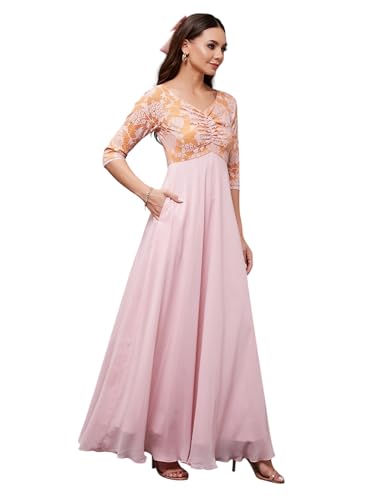 Image of Miss Chase Women's Floral Printed Relaxed Fit V-Neck 3 /4th Sleeve Maxi Dress