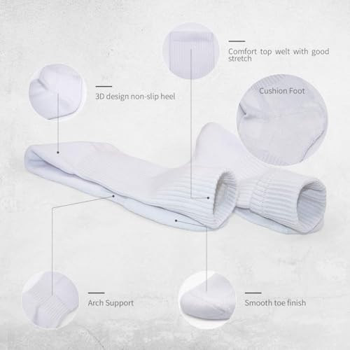 SOX TOWN Unisex Cushioned Crew Training Athletic Socks Men & Women with Combed Cotton Moisture Wicking Breathable Performance, White, 13-15