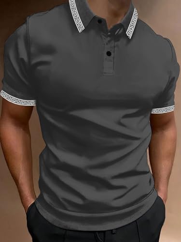 UOUA Mens Casual Polo Shirts Classic Short Sleeve Collared T Shirt Button Golf Slim Fit Tee Tops3
