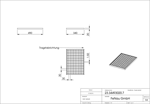 Fenau - 340 x 490 x 20 mm - Gitterrost, MW: 30/30 mm, verzinkt, Rost für Zarge: 350 x 500 x 23 mm, Bau-Normrost für Lichtschacht