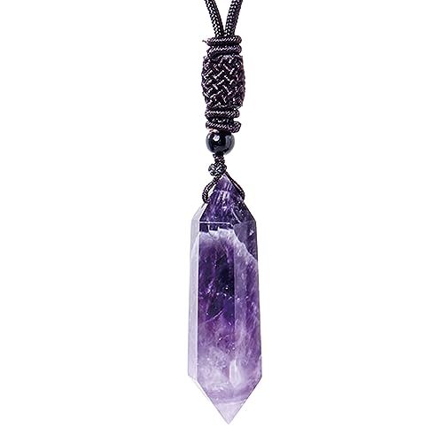 Ruhnjyg Amethyst Crystal Necklace - Hand-woven Amethyst Double-pointed Column Pendant, Crystal Stone Point Necklaces, Crystal Tower Energy Necklace For Men Women Christmas