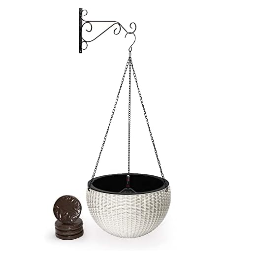 YEHIKO Set Maceta Colgante Autorriego 34cm - Maceta Exterior - Tiesto Plantas Interior - Decoración Jardin Hogar Balcon Terraza - Soporte y Cadena - Macetero Colgante Pared - Tierra de Coco (Blanca)