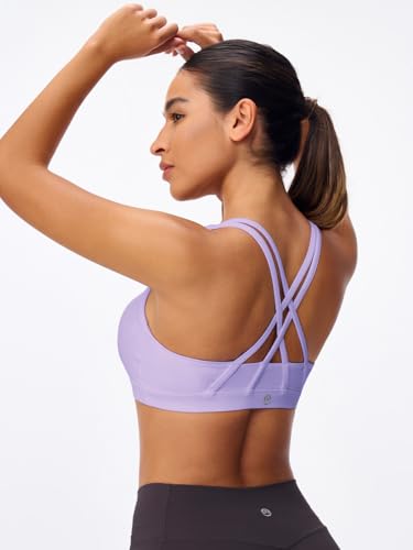 Image of Women's Strappy Sports Bras Light Compression Crop Criss Cross Back Padded Workout Yoga Bra Supportive U Neckline