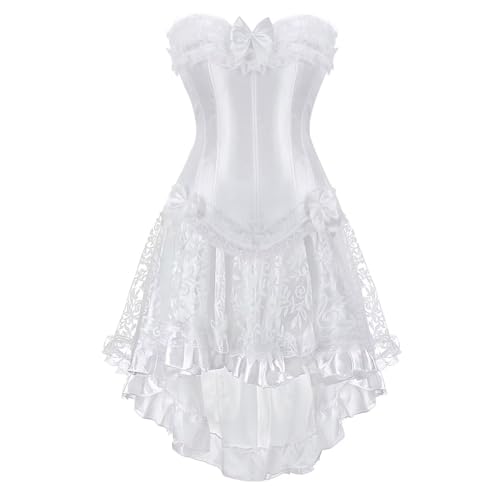 Josamogre Corsage Korsett Kleider Damen Korsettkleid n Schnüren Vollbrust Corset Dress Blumen Spitze Elegant Vintage Weißes Brautkleid M