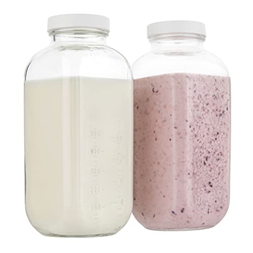 Image of kitchentoolz 32oz Square Glass Milk Bottle with Plastic Airtight Lids Vintage Reusable Quart Sized Dairy Drinking Containers for Milk, Yogurt, Smoothies, Kefir, Kombucha, and Water- Pack of 2