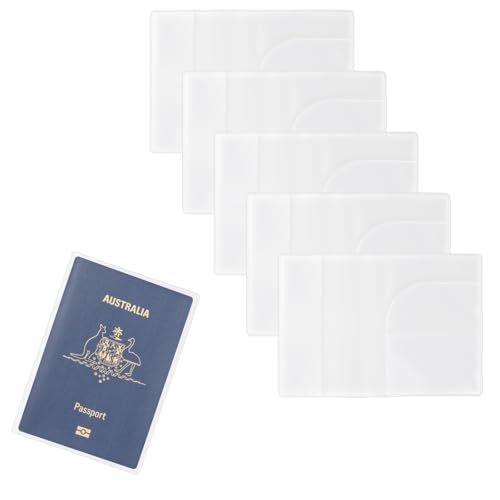 JUNART 5 Pcs Clear Passport Cover 7.3"x5.3" Waterproof Plastic Protector with 2 Card Slots, Transparent Frosted Sleeve for Passport,Credit & ID Cards