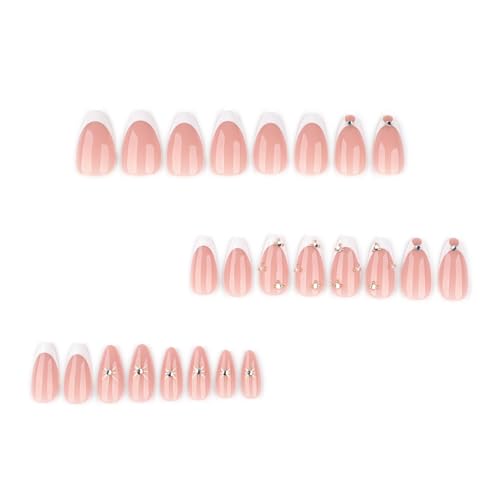 Image of White Press on Nails French Tip Fake Nails with Rhinestone Design Star Nail Press ons Medium Almond Stick on Nail Glossy Full Cover for Women Manicure 24Pcs