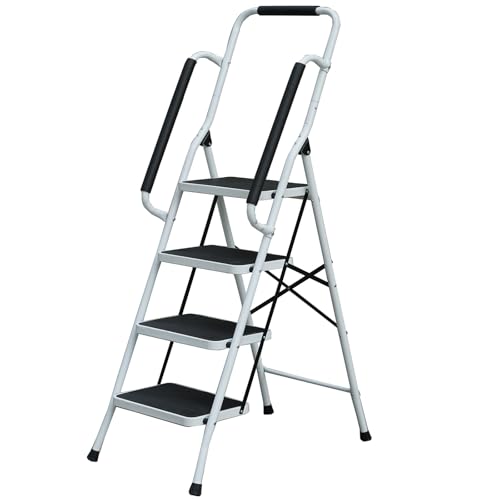 Portable 4 Step Ladder Foldable Stool Non Slip Tread Heavy Duty Metal Steel Compact Folding Home DIY With Safety Grab Rail Banister Bar Handrail Support