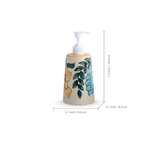 Image of ExclusiveLane 'Eden Bloom' Hand-Painted Ceramic Bathroom Accessories Set of 2 (Liquid Soap Dispenser for Wash Basin, Paste & Toothbrush Holder) |Handwash Dispenser |Bathroom Organiser Set