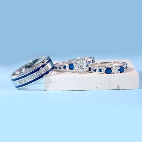 Couple Rings White Gold Plated 925 Sterling Silver Ring 1CT Heart CZ Women Wedding Ring Sets Men Titanium Steel Ring4