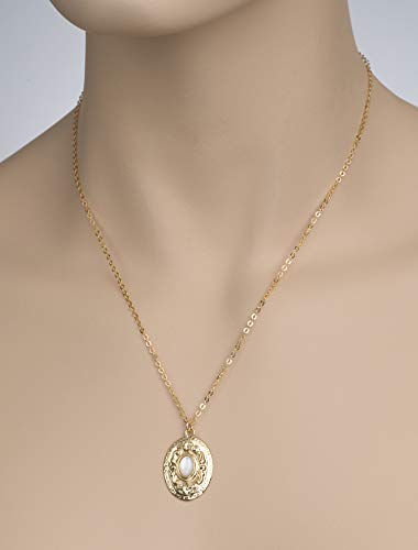 Stera Jewelry Antique Style 14K Gold Plated Mother Of Pearl Oval Pendant Necklace, 18" + 4" Extender #TOP2