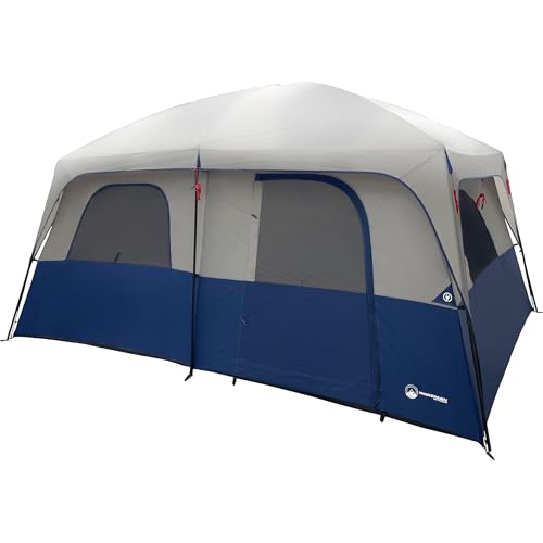 10 Person Camping Tent - Large Outdoor Tent with Room Divider and Rainfly - Family Camping House with 2 Doors and 4 Screen Windows by Wakeman Outdoors (Navy)