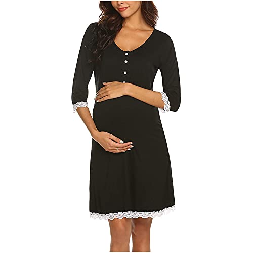 Womens Half Sleeve Button Down Crew Neck Solid Dress Lace Loose Summer Breastfeeding Pregnant Midi Dresses Black