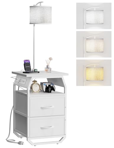 Image of runjuly Floor Lamp with Table, End Table with Light and Charging, White