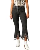 EZAPINE Bell Bottom Jeans for Women High Waisted Flare Jeans with Rhinestone Fringe Black