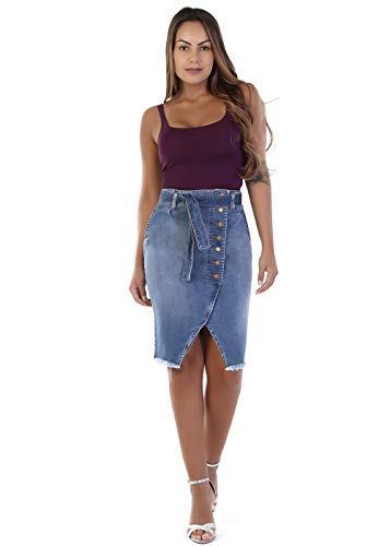 Saia Jeans Midi, Sawary Jeans, Feminino, Indigo, 38